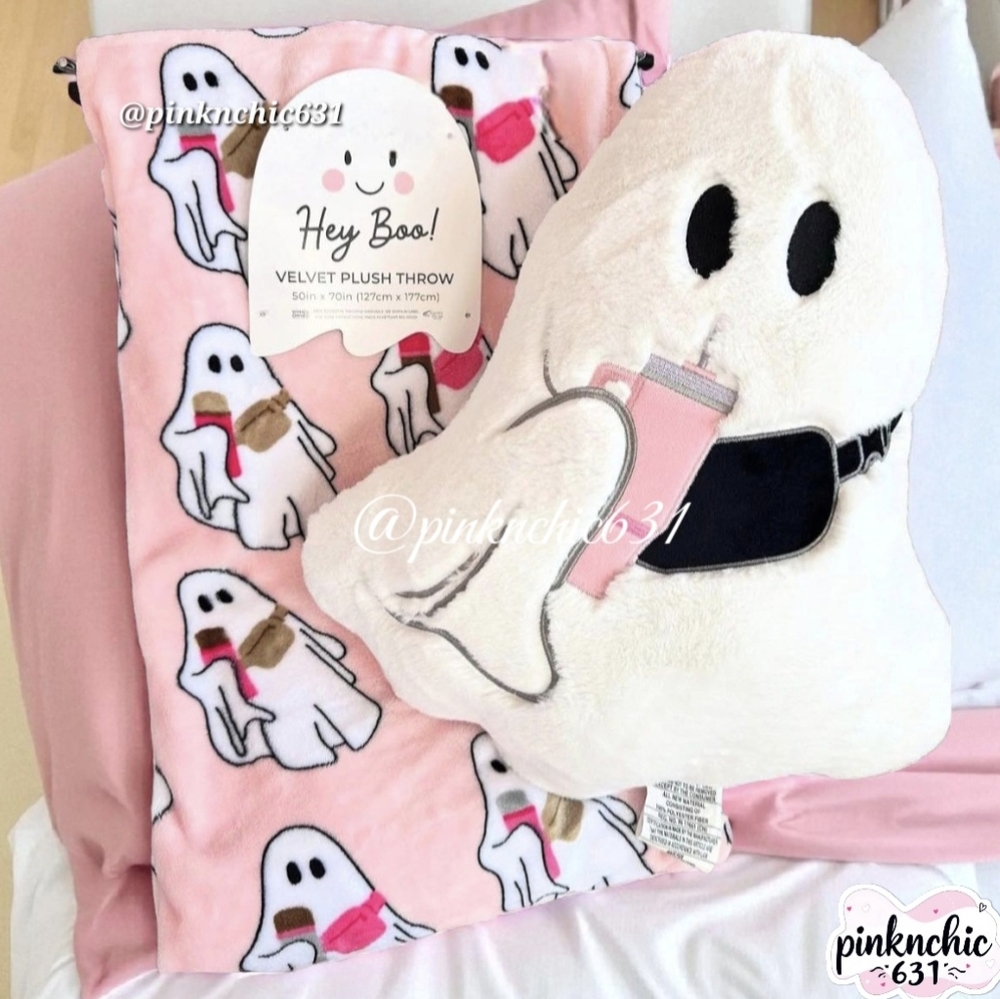 Viral Hey Boo Pink Plush Ghost Blanket And Pillow Stanley Tumbler And Crossbody